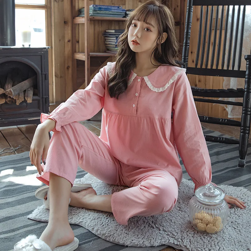 

Пижама женская, однотонная, из переплетенного хлопка, с рукавом девять точек, с круглым вырезом, домашняя одежда, 2021