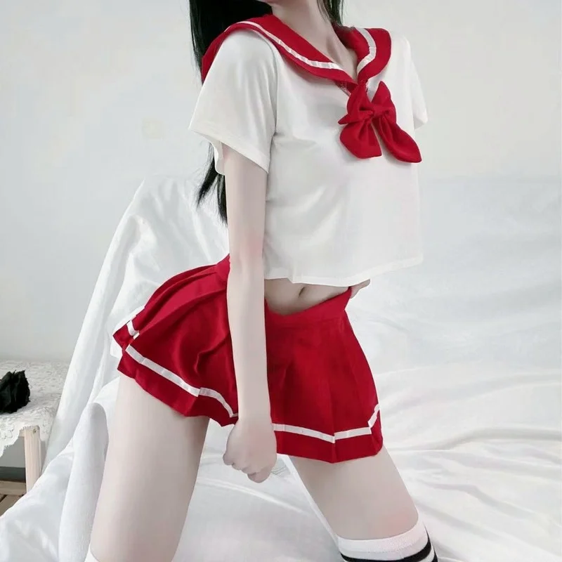 

Women Sexy Lingerie School Outfit Young Lady Cosplay Costumes Top with Pleated Mini Skirt Japanese Anime Kawaii JK Sleepwear Set