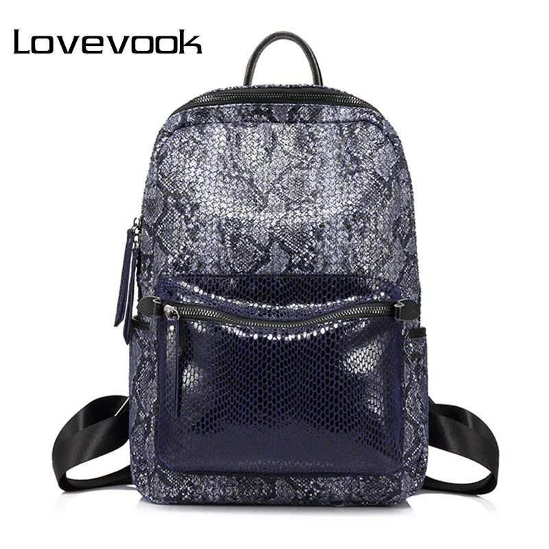Женский школьный рюкзак Lovevook, портфель из натуральной кожи и ткани большого объёма для девочек подростков, многофункциональный повседневный рюкзак с узором змеиной кожи для школа и путешествия