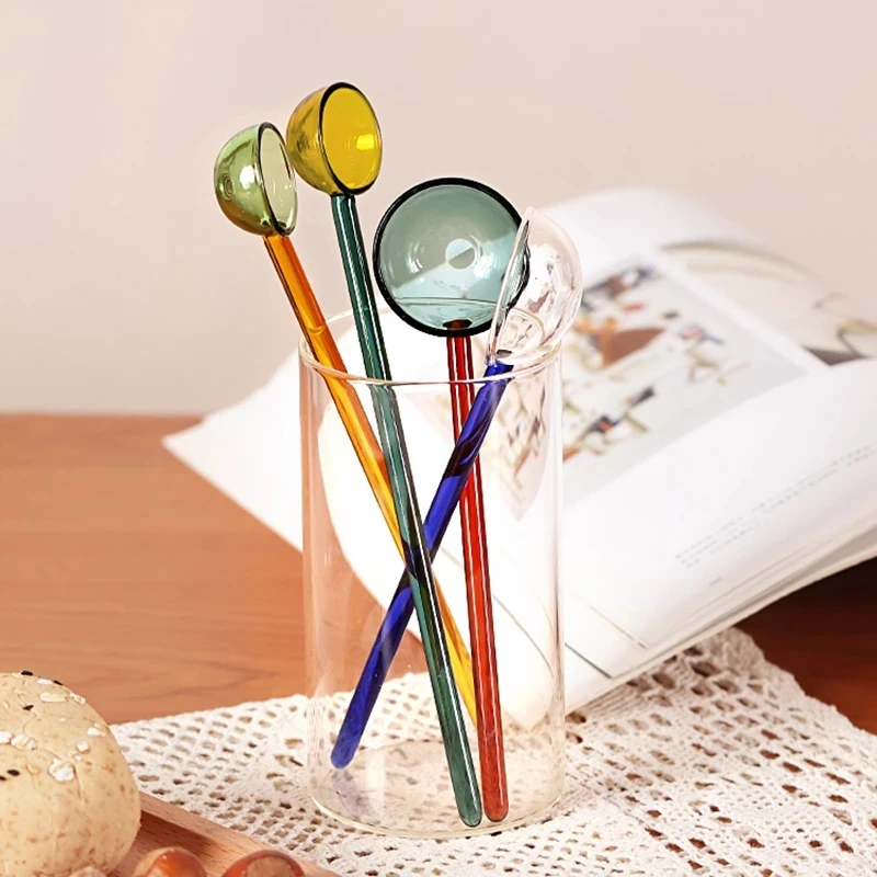 Бытовая стеклянная ложка с длинной ручкой для сока красочная прозрачная