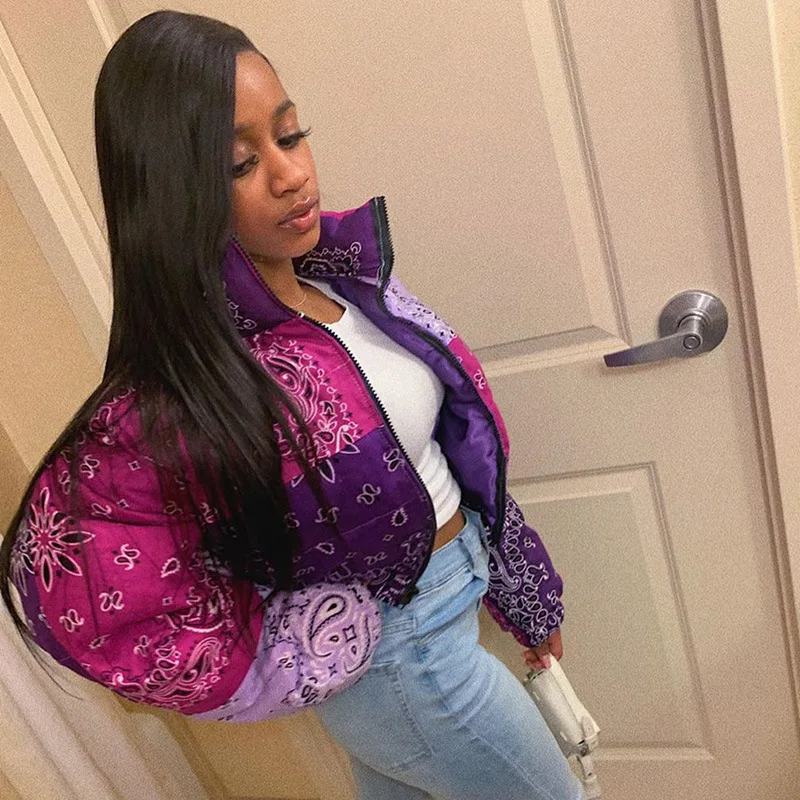 

Женское зимнее пальто с принтом пейсли, Пузырьковые куртки, модные укороченные теплые парки, Повседневная Верхняя одежда на молнии