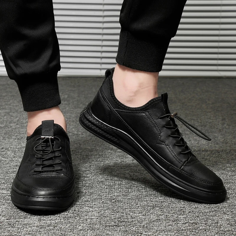 Harga Baru Asli Kulit Pria Sepatu Pria Sneakers High Quality Lace-Up Solid Fashion Pria Sepatu Ankle Hitam Mewah Pria Handmade Sepatu