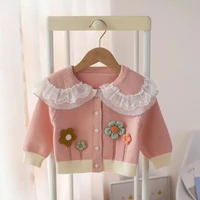 girls cardigan sweater baby lapel small flower jacket kids fashion spring and autumn new knitwear tops
