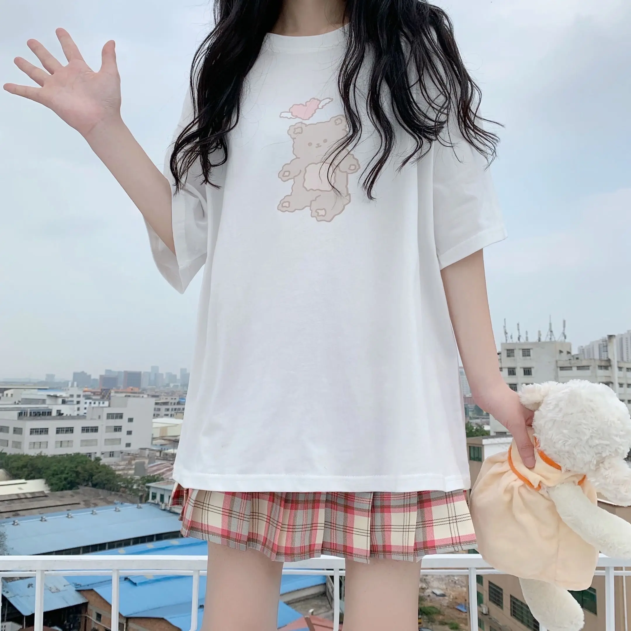 

Kawaii Heart Bear Print Graphic T Shirt Women 2021 Summer Alt Clothes Aesthetic Fashion Top Female MINGLIUSILI Cartoon Tee Shirt