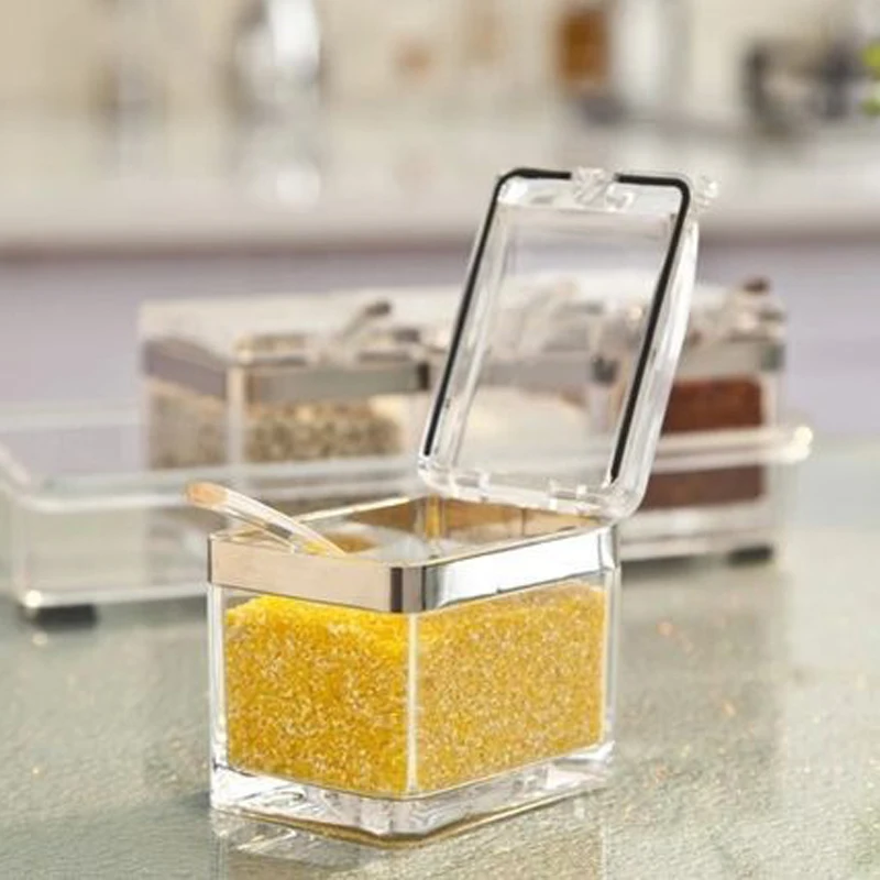 

4 Grid Kitchen Seasoning Box Set Crystal Transparent Seasoning Jar Salt Sugar Creative Seasoning Spoon Box Kitchen Gadget DWH5