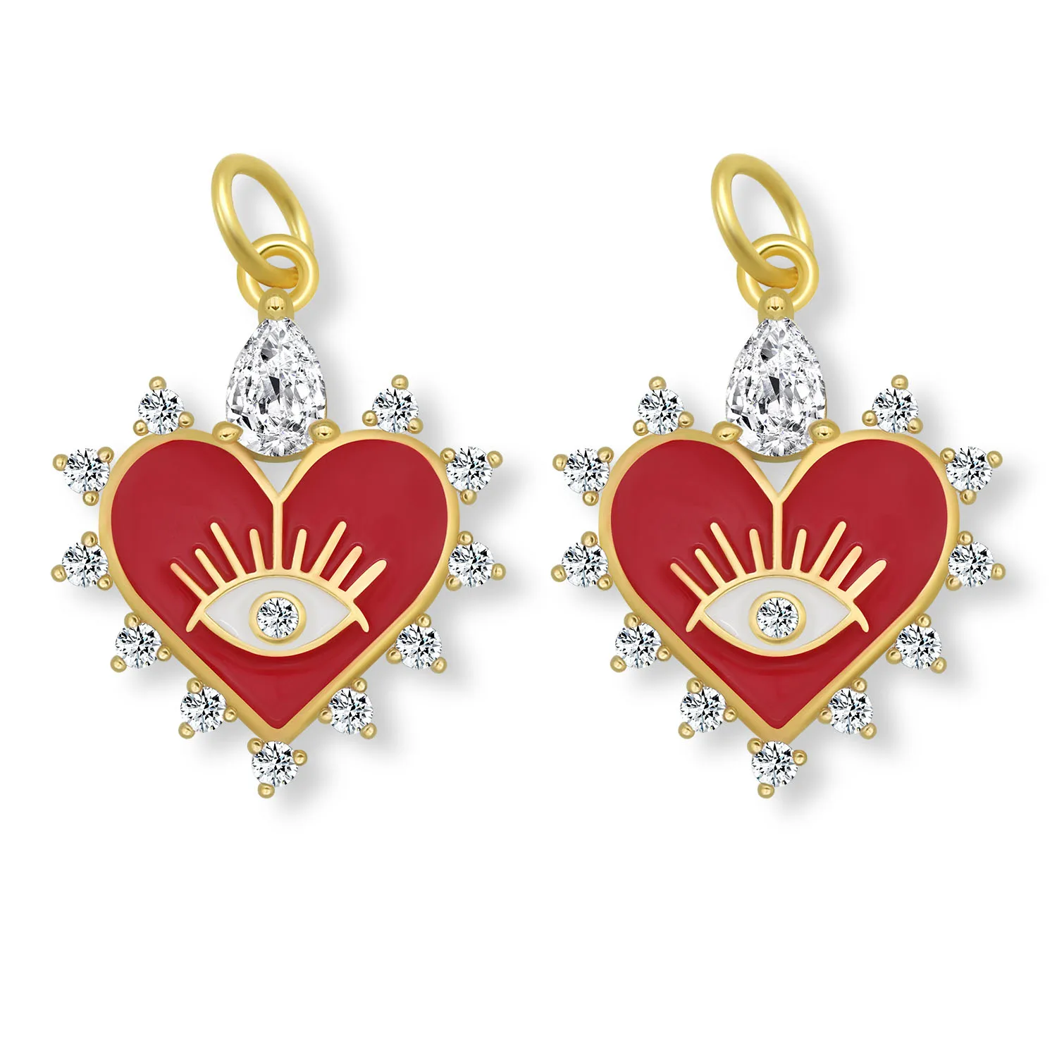 

AAA Cubic Zirconia Crystal Gold-plated Red Enamel Love Heart-shaped Greek Evil Eye Pendant For Necklace Earrings DIY Makings Or