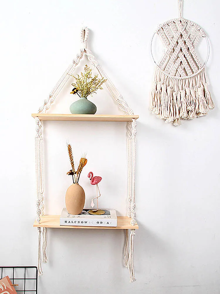 

Подвесная корзина для макраме ручной работы, деревянные полки в богемном стиле, 2-х слойная стойка, настенный подвесной гобелен, декор для до...