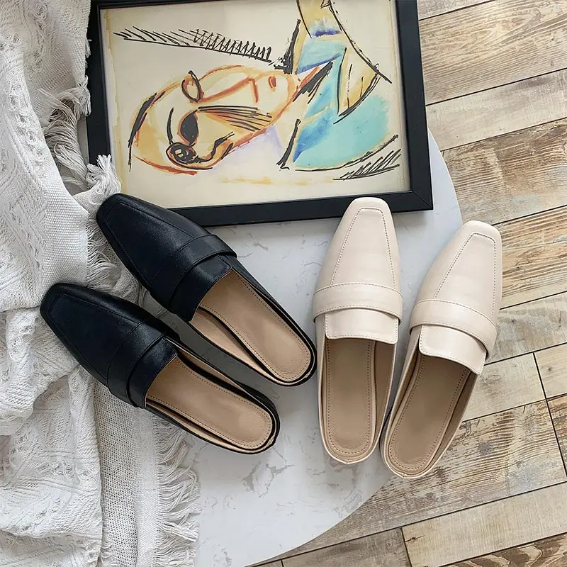 Boussac Vintage Square Toe Women Mules Elegant Party Shoes Slip on Solid Flats SWA0466 | Обувь