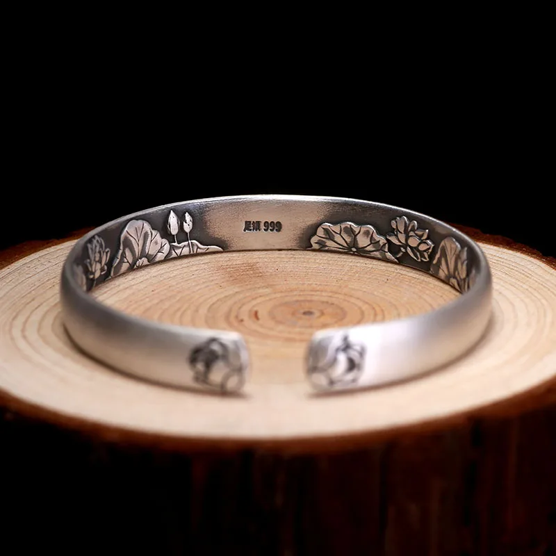 ZABRA Solid Pure 999 Sterling Silver 8mm Lotus Vintage Open Cuff Bracelet Women Guanyin Hand Trendy Rock Bangles Jewelry | Украшения и