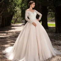 elegant long sleeves lace appliques wedding dress 2022 garden champang off the shoulder v neck a line button back bridal gown
