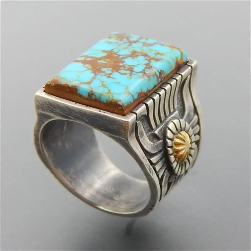 

Retro Distressed Square Turquoise Wedding Ring Ethnic Style Creative Men's And Women's Ring Banquet Jewelry