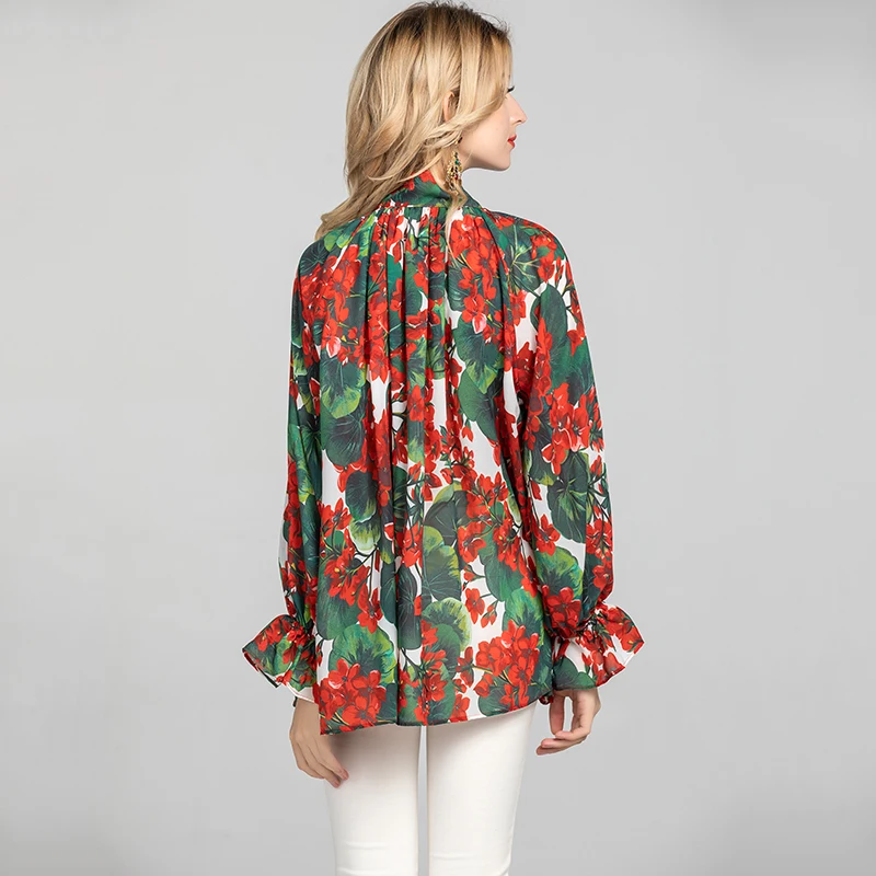 

Wholesale Office Lady High Street Loose Blouse Elegant Bow Collar 2020 Milan Fashion Runway Floral Print Chiffon Women Shirt