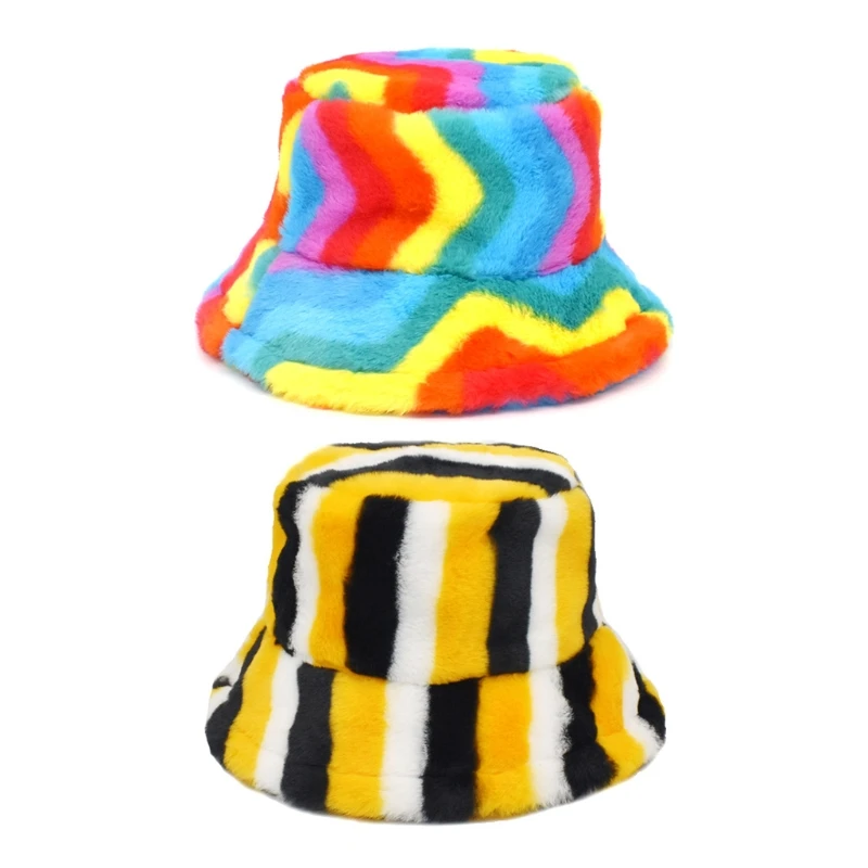 

Fisherman Faux Rabbit Fur Wool hats Rainbow Stripes Basin Hat Bucket Plush Fisherman Hipster Wide Brims B85D