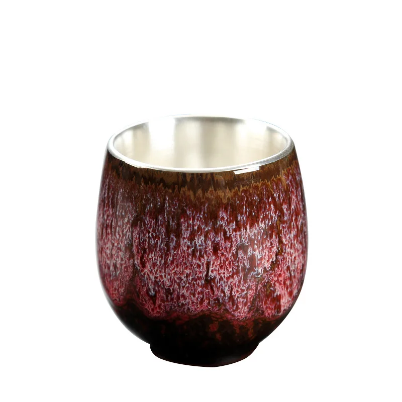 

999 Sterling Silver Teacup Water Cup Ceramic Large Gilt Silver Teacup Kung Fu Tea Set Temmoku Glaze Tea Cup