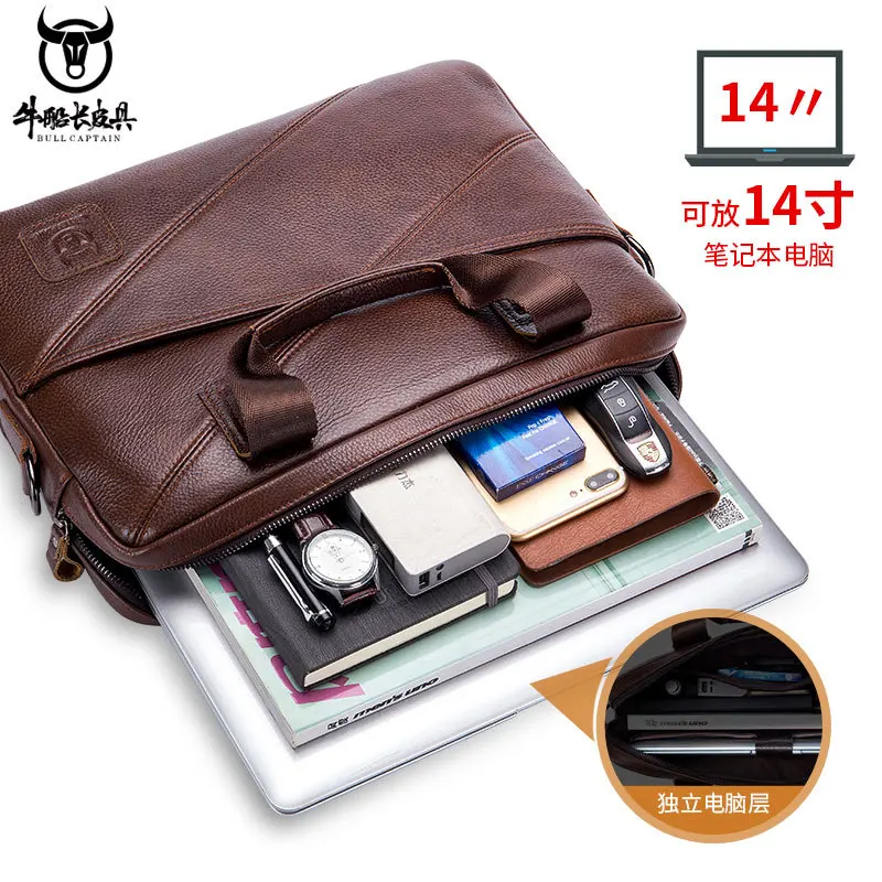 Men Genuine Leather Briefcase Business Handbag Cowhide Shoulder Bag Crossbody Bag 14 Inch  Laptop Male Travel Bag Black&Brown