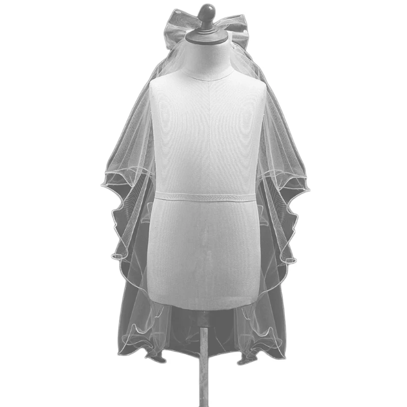 

Women Wedding Veil Dress White bowknot Layers Tulle Ribbon Edge Bridal Veils