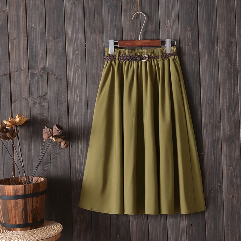 

QRWR Skirt Female 2021 New High Waist Pleated Preppy Style Mid Length Skirts A Line Elegant Solid Color Has a belt Women Skirt
