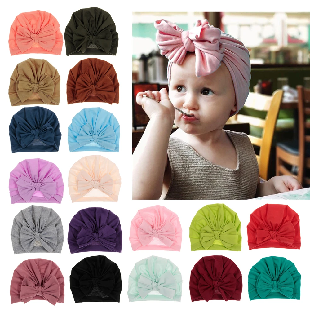 

Yundfly Baby Cotton Blend Turban Hats Soft Rabbit Bowknot Kids Caps Children Girls Elastic Headwrap Baby Hair Accessories