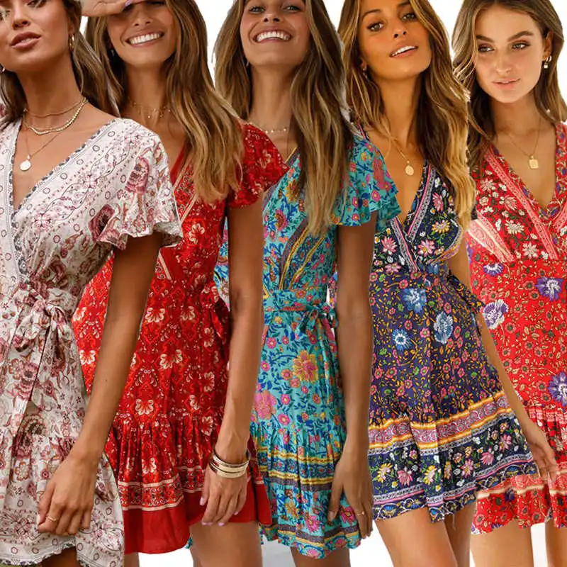 

Women's printed V-neck bohemian cotton dress