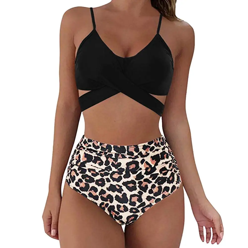 

Sexy Womens Bikini Set Two-Piece Swimsuit Cross High Waist Elastic Swimming Bikini Cover Your Abdomen Plus Size Swimsuit