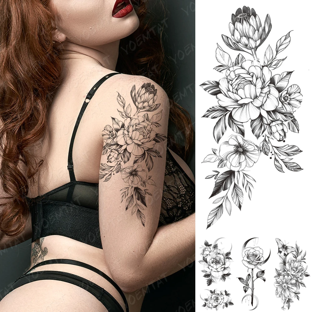 

Waterproof Temporary Tattoo Stickers Peony Chrysanthemum Flash Tattoos Female Minimalist Line Body Art Arm Thigh Fake Tatto Male