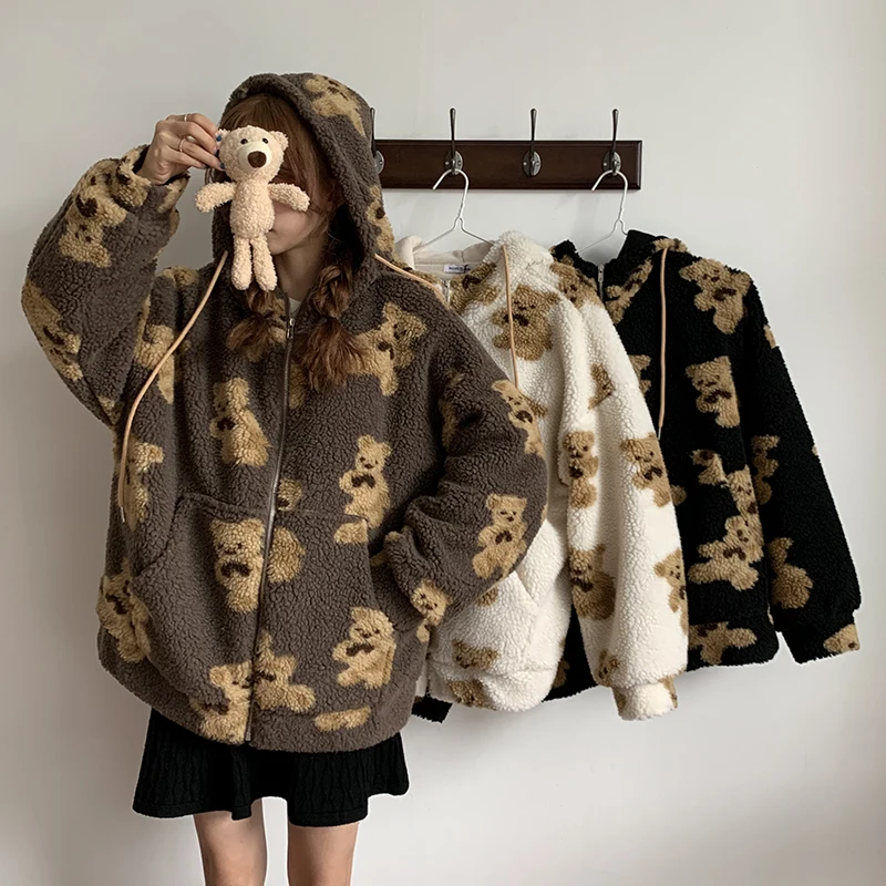 

Cute Bear Print Sweatshirt Zipper Jacket Kawaii Fleece Hoodie for Girls Loose Winter Warm Lamb Wool Coat Woman with Pocket Top