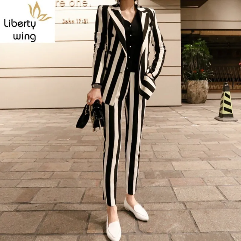 Новый Зимний женский полосатый двубортный Блейзер куртка облегающие узкие брюки