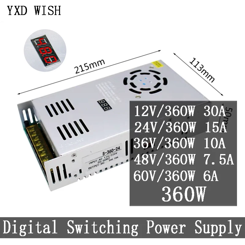 

Adjustable Transformer Digital Switching Power Supply 12V 24V 36V 48V 60V 360W 30A 15A 10A 7.5A 6A Lighting Transformers For LED