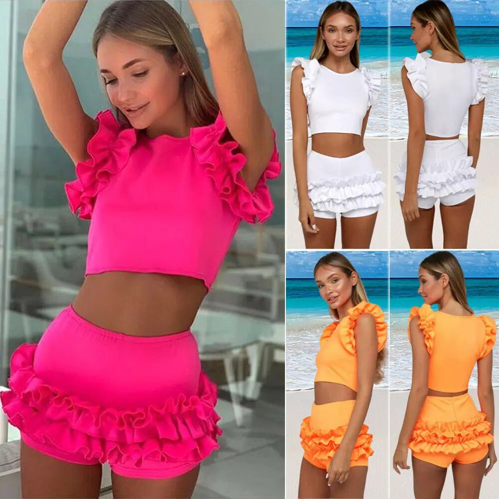 

New Sexy Solid Bikini Set Sport Women Swimwear 2021 Swimsuit 2PCS Ruffle Padded Bathing Suit Tankini Set Female Casual Beachwear