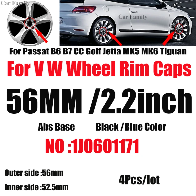 

4pcs Logo 1J0601171 56mm badge Car Rims Wheel Center Caps Hub Covers For Passat B6 B7 CC Golf MK5 MK6 Tiguan Car Emblem