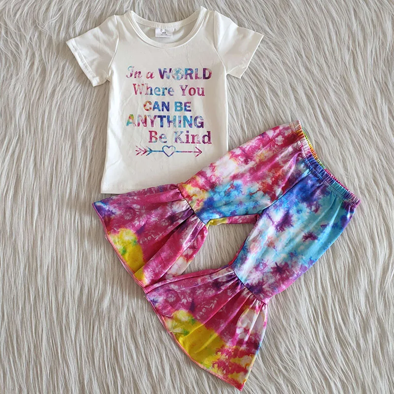 

Wholesale baby girls fashionable Kids Clothing letter shirt tie dye bell-bottomed pants Kids Clothes Set Boutique infant outfit