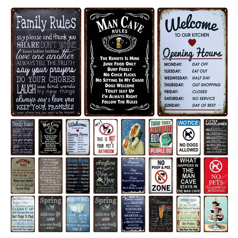 

Family Rule Tin Sign Vintage Metal Bathroom Kitchen Rule Cafe Decoration Pub Retro Bar Wall Art Decorative Metal Painting