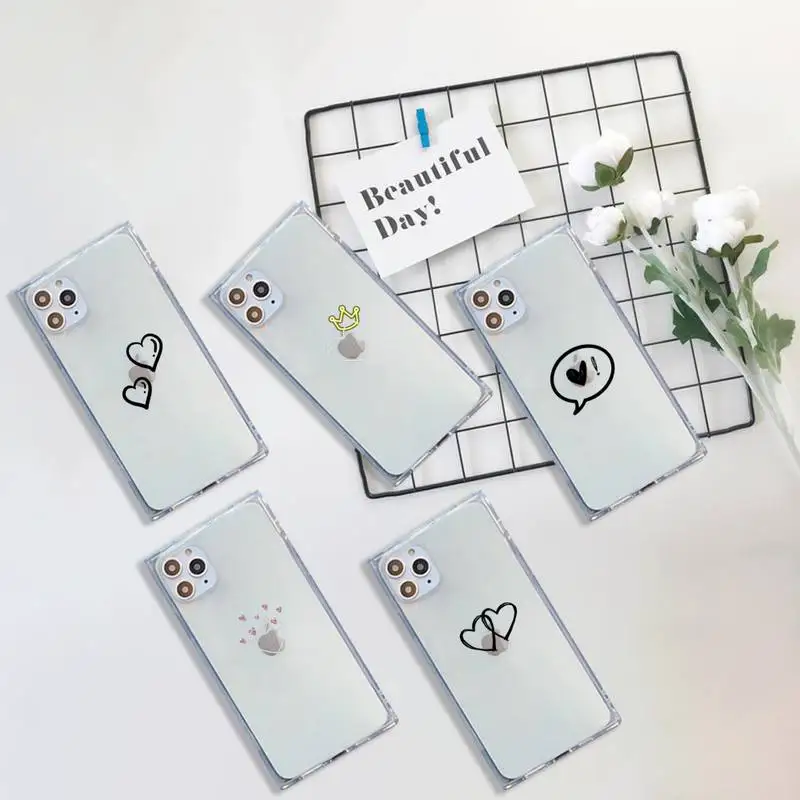 

lack Simple Lines Love Heart Phone Case For iPhone 7 8 11 12 X XS XR MINI Pro Max Plus Clear Square Transparent