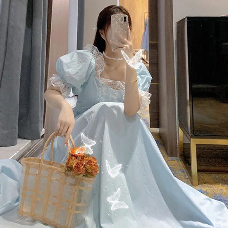

Japanese Korean Style Puff Sleeve Summer Dress Women Kawaii Evening Party Fairy Dress Females One Piece Lace Elegant Midi Dress