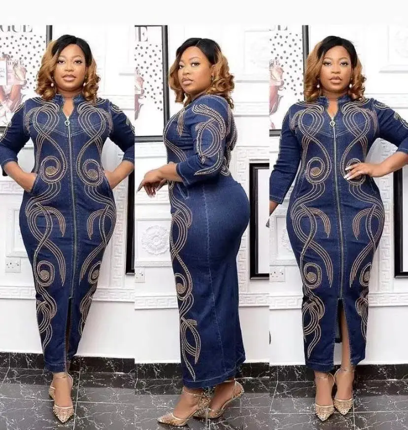 

HOUSEOFSD High Quality Long Sleeve Jeans Dress African Women Fashion Zipper Beading Denim Maxi Dresses
