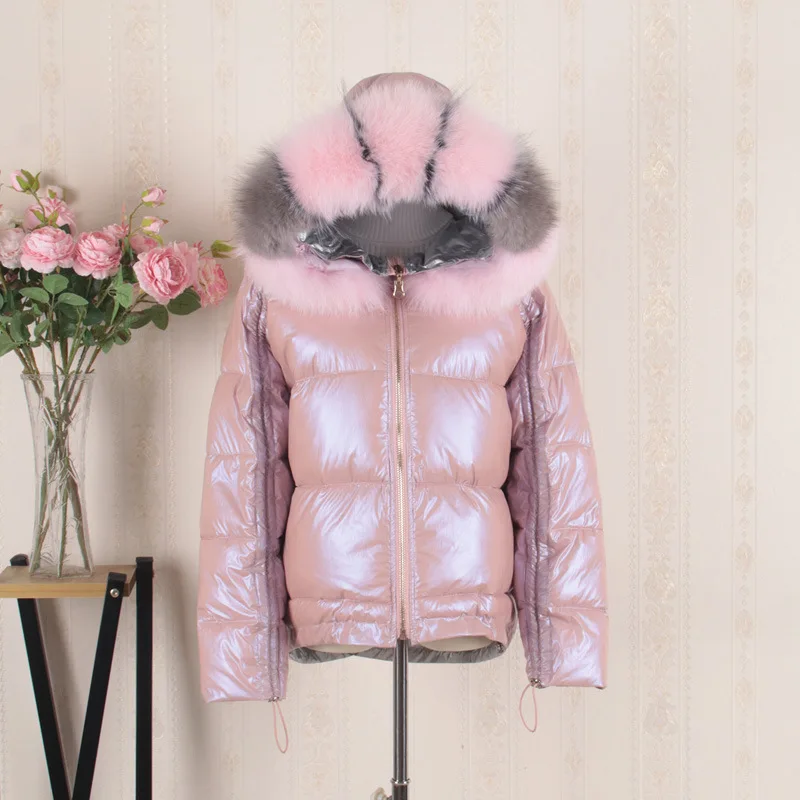Pink 2 Luzuzi пуховик женский короткий толстый натуральный Лисий меховой воротник двухсторонний глянцевый Серебряный Розовый Большой размер теплый пуховик - Цвет: Pink 2