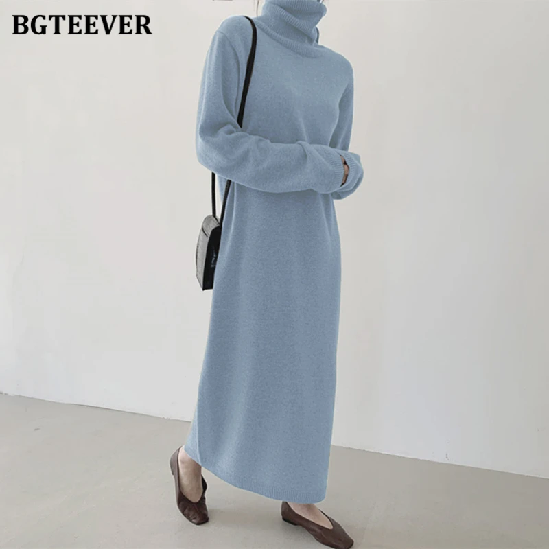 

BGTEEVER Autumn Winter Loose Knitted Sweater Dress for Women Elegant Turtleneck Long Sleeve Female Dress Ladies Vestidos 2021