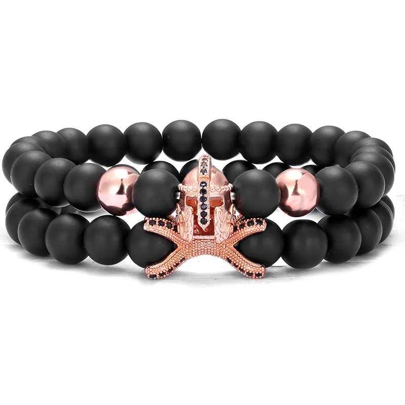 2 piece set /Novelty Fashion Knight Helmet CZ Pearl Bracelet Men 8mm Black Natural Stone Spartan Warrior Gladiator Yoga | Украшения и
