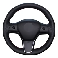 car steering wheel cover diy hand stitched soft black genuine leather for tesla model 3 2015 2020 model y 2019 2020