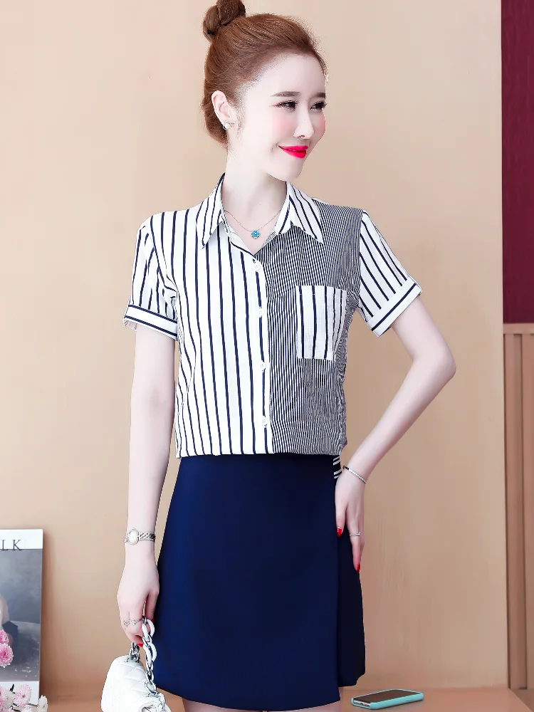 

Chiffon Slim Women's Blouses New Casual Blouse Stripe Pocket Buttons Polo Shirt Summer Fashion Short Sleeve Top Houthion