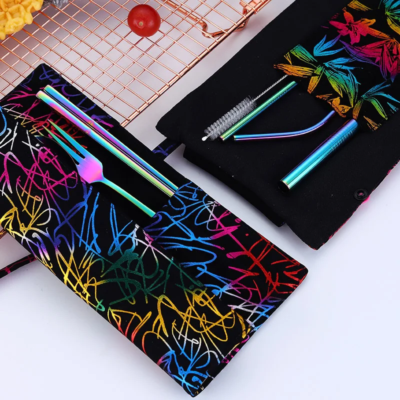2019new Stainless Steel Cutlery Portable Cutlery Set Chopsticks Spoon Fork Reusable Straw and Portable Dinnerware Bag for Travel