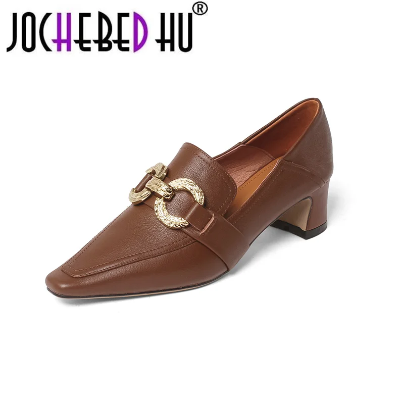 

【JOCHEBED HU】Hot Sale High Heels Pumps For Women Genuine Leather Square Toe Shoes Woman Heels 2021 Newest Working Party Women