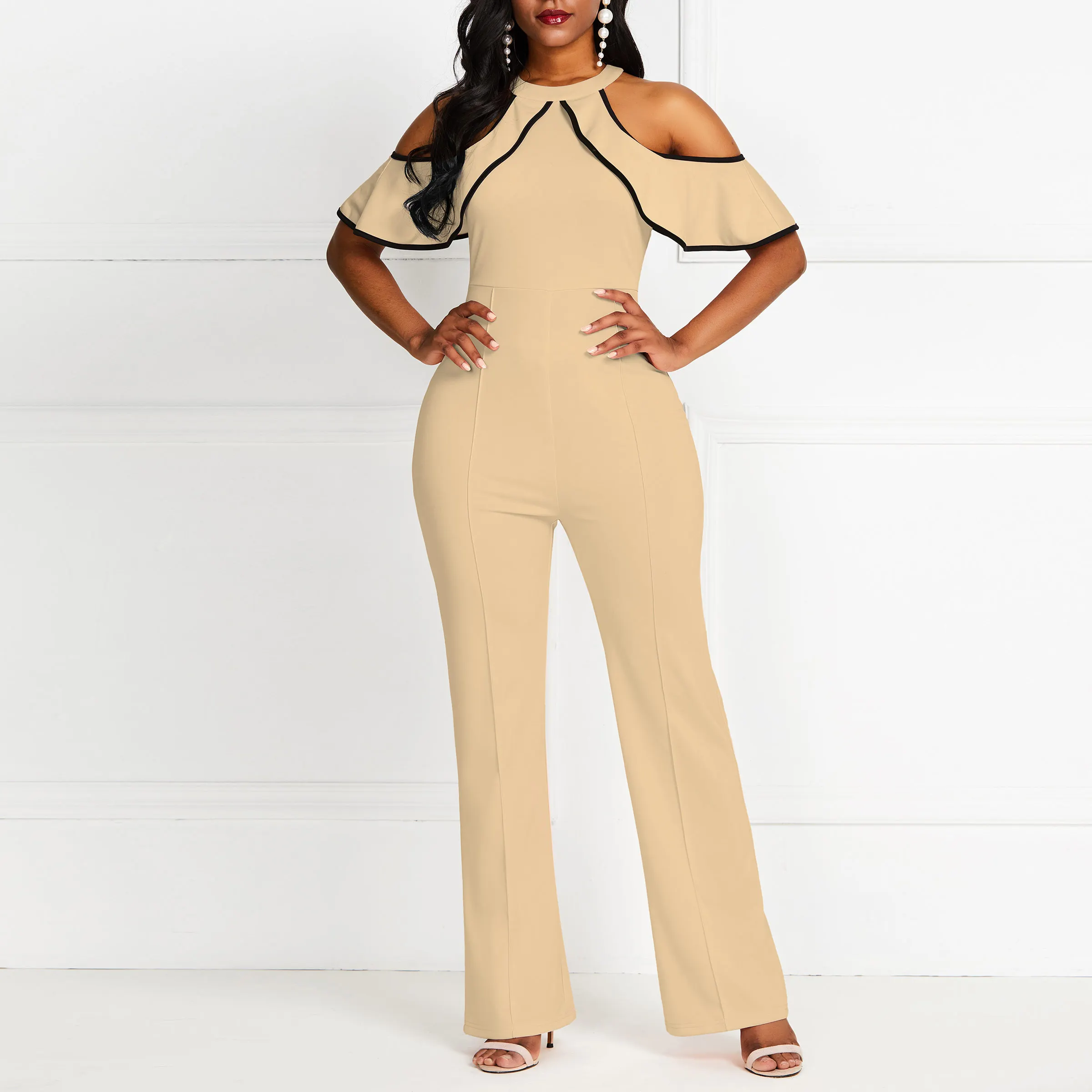 Женский винтажный комбинезон облегающий с высокой талией прямой оборками |