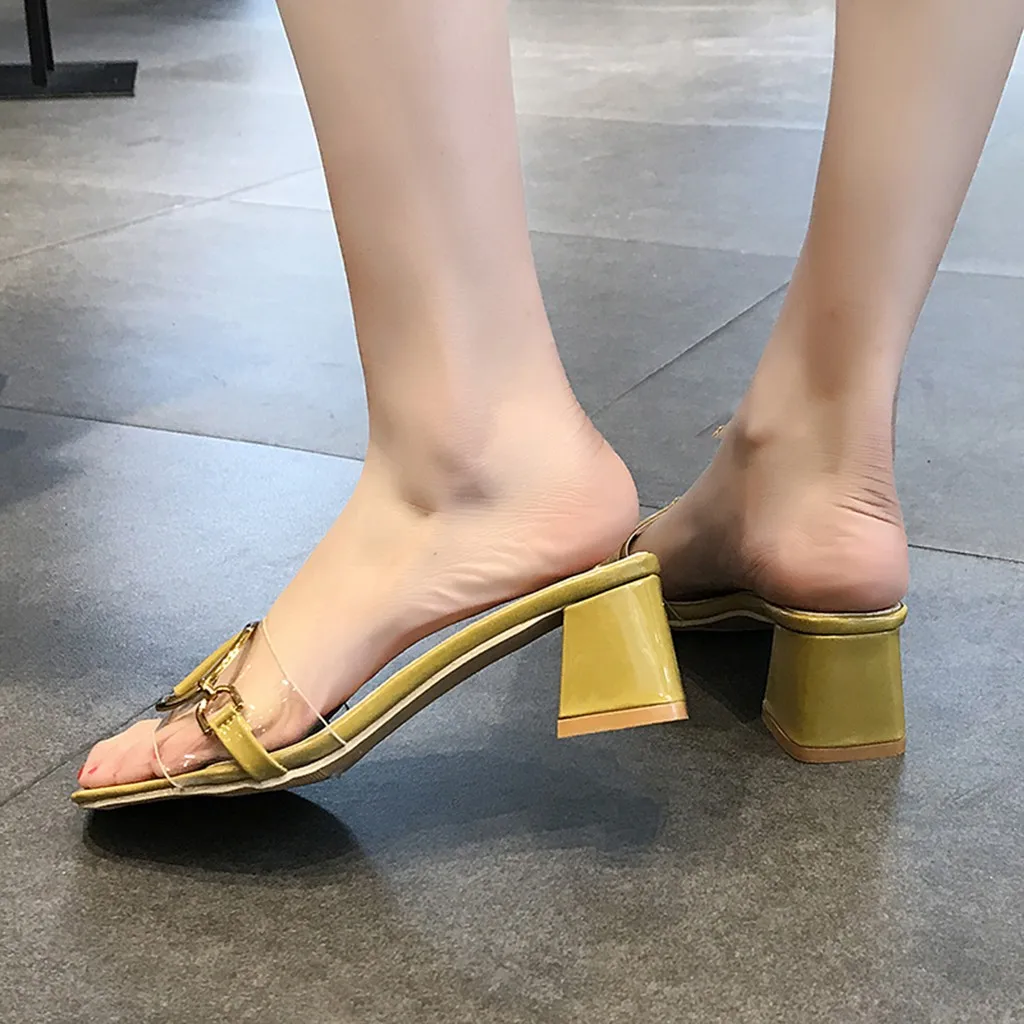 Fashion Slip-on Sexy Slippers Women Square Toe High Heels Transparent Sandals Classic Lady Comfort Shoes Woman Slides Summer | Обувь