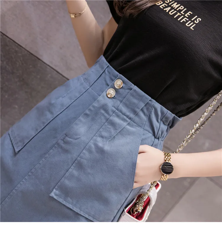 

Fashion Midi Denim Skirt Women 2020 Summer Light Blue Jeans Skirts with Pocket Female Vintage Hip Package Saias Streetwear