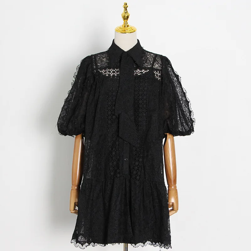 

Sweet Lantern Sleeve Lace Embroidery Hollow Out Design Dresses Women Elegant Office Lady Dress 2021 Fashion New Silm Vestidos