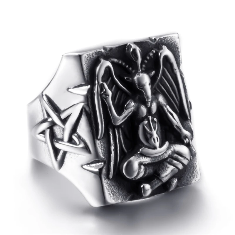 

Elfasio Stainless Steel Ring for Men Satanic Baphomet Goat Satan Demon Devil Leviathan Cross Pentagram Rings Symbol Vintage