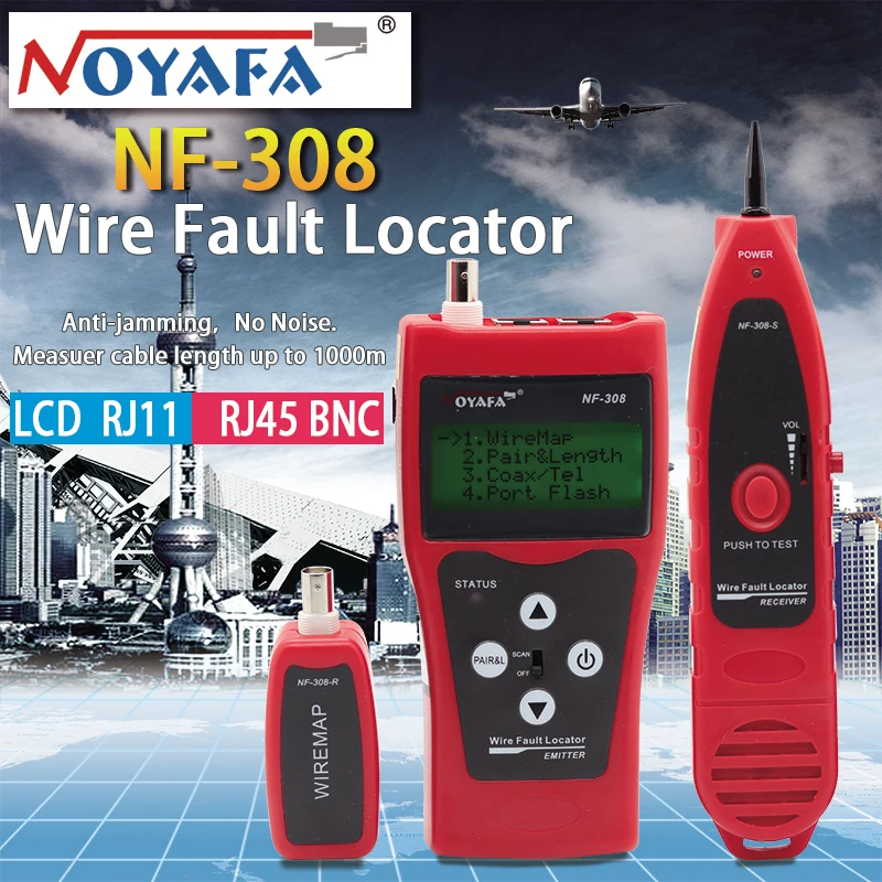 Noyafa NF-308 Network monitoring cable tester LCD Wire Fault Locator LAN Network Coacial BNC USB RJ45 RJ11 red color