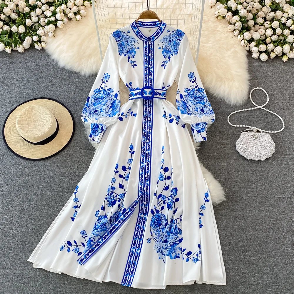 Merchall Retro Palace Style Long Maxi Dress Femme Stand Collar Lantern Sleeve Single-breasted Floral Print Party Dresses M62107