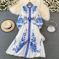 merchall retro palace style long maxi dress femme stand collar lantern sleeve single breasted floral print party dresses m62107